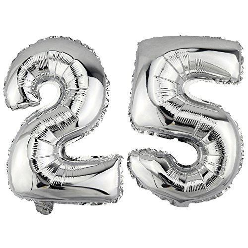 DekoRex® 25 als Folienballon Luftballon Zahlenballon Jahrestag Geburtstag in Silber 80cm hoch