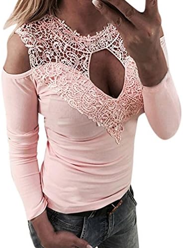Hansee Women Tops Clearance!!Hansee Women Cold Shoulder Lace Top Long Sleeve Round Neck Hollow Out Blouse Shirt
