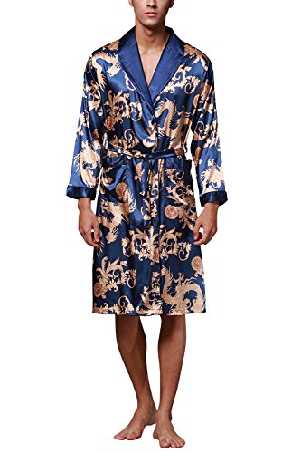 Dolamen Herren Morgenmantel Bademäntel Kimono, Weich u. Leicht glatte Luxus Satin Nachtwäsche Bademantel Robe Negligee locker Schlafanzug mit Belt & Pockets