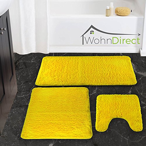 Designer Badematten 3er SPAR-SET | 3 x Flauschige Badvorleger 45 x 45 cm + 50 x 80 cm + 60 x 100 cm | Rutschfest & Waschbar | Geeignet für Fußbodenheizung & Badezimmer | Gelb | – MIT WC-AUSSCHNITT