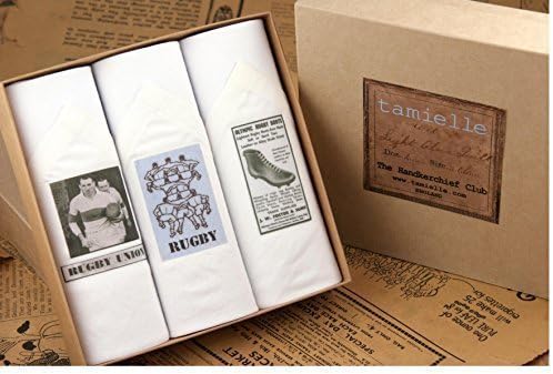 Tamielle - Set of Three Mens White handkerchiefs with Different Rugby Motifs - 40cm x 40cm