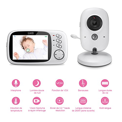 GHB Bébé Moniteur 3.2" LCD Couleur Babyphone Caméra Vidéo Bébé Surveillance 2.4 GHz Bidirectionnelle Vision Nocturne GHB Bébé Moniteur 3.2" LCD Couleur Babyphone Caméra Vidéo Bébé Surveillance 2.4 GHz Bidirectionnelle Vision Nocturne