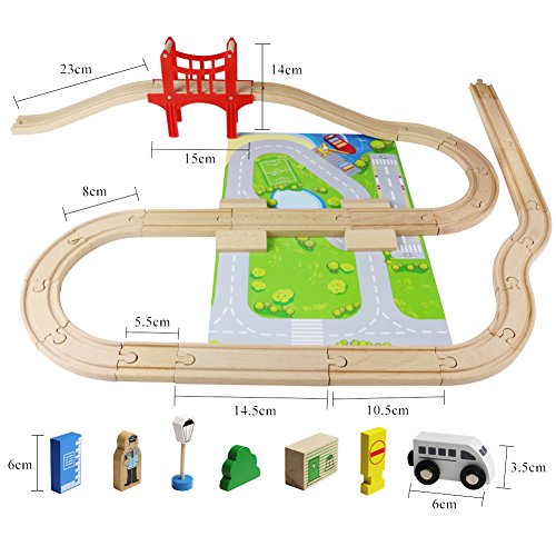 ACOOLTOY Wooden Train Track Set Toy Wooden Classic Railway Flexible Track Car Set Building Kit Toy for Kids Aged 3+ (80 Pcs)