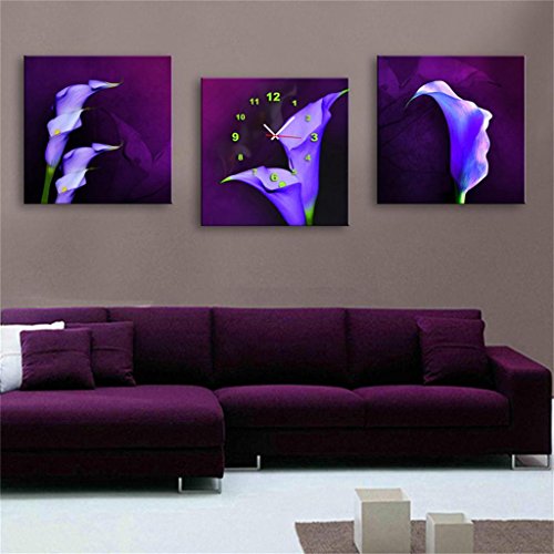 MEHE@ Modern Style Leinwand Malerei Lila Calla Wanduhr in Canvas 3pcs