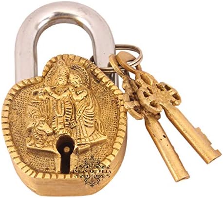 Indian Art Villa Handmade Old Vintage Style Antique Radha Krishna Ji Design Brass Security Lock with 2 Keys Om Design on Back|Home Temple Office
