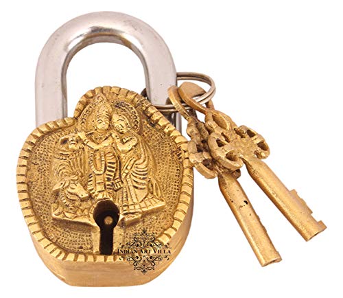 Indian Art Villa Handmade Old Vintage Style Antique Radha Krishna Ji Design Brass Security Lock with 2 Keys Om Design on Back|Home Temple Office