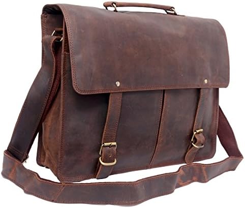 FeatherTouch Leather Messenger Bag Leather Briefcase Twin Pocket Genuine Leather Laptop Bag Macbook Satchel Real Leather Bag School College Travel Bag 16x12x5 Inches Brown