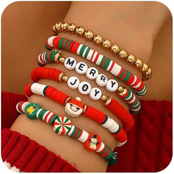 Set Bracciali Di Natale Donna Con Perline E Charm Festivi - Gioielli Elastici, Accessori Moda Inverno Per Feste E Regali
