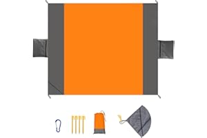 Zumhigh Beach Mat Picnic Blanket Waterproof Extra Large 210 x 200cm Corners Zippered Pocket Picnic Blanket Beach Mat 2 Storage Pouche 4 Fixed Nails for Beach Camping Hiking Lightweight Orange