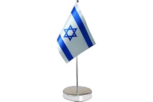 QSUM Bandera de mesa de Israel de 9 x 6 pulgadas, incluye base de acero inoxidable y poste ajustable