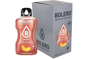 Bolero PEACH 24x3g | Jus en poudre sans sucre, édulcoré à la stévia + vitamine C | pour enfants et sportifs | sans gluten, végétalien | saveur de pêche