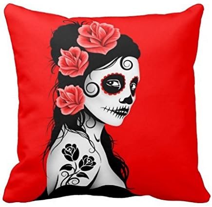 Red Day Of The Dead Sugar Skull Girl Pillow Case
