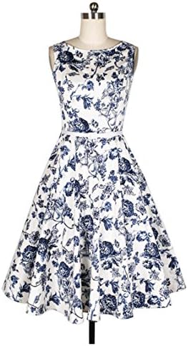 LA LA DRESS Retro Printed round neck sleeveless dress with belt, L