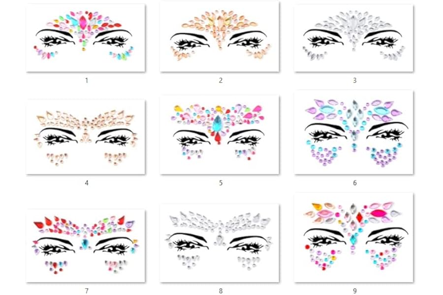 9 PCS Face Gems Adhesive Glitter Jewel Tattoo Sticker Festival Gems Rave Party Body Make Up Z9ZAKMIXA Multi-colored