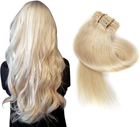 Remy Clip in Hair Extensions 100% Real Human Hair Extensions for Women 7 PCS Per Set, 38cm 45cm 50cm 55cm with Different Colors (38cm, No.60 Platinum Blonde)