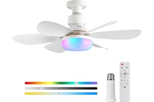 RRBEST Socket Ceiling Fan with Light and Remote, 3 Fan Speeds, Stepless Dimmable, 3 Colours, 3000K-6000K, E27 Base Screw in Ceiling Fans Lights for Kitchen, Garage