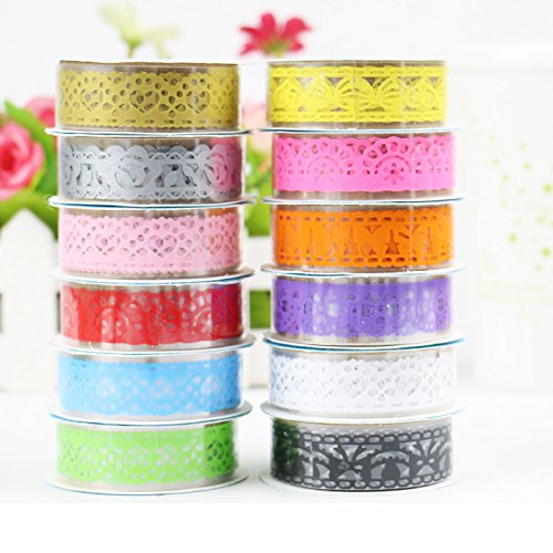 Multicolor Hohl Washi-Spitze-Muster Selbstklebende Spitze-Klebeband-Aufkleber für DIY und Dekoration, Set von 12 - 2