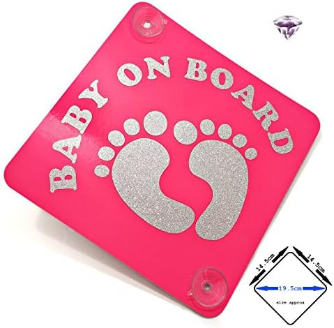 BABY ON BOARD car sign with suction cups - cute baby feet (SUPER BRIGHT - fluorescent pink / SPARKLING diamond glitter)