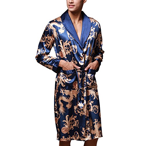 Dolamen Herren Morgenmantel Bademäntel Kimono, Weich u. Leicht glatte Luxus Satin Nachtwäsche Bademantel Robe Negligee locker Schlafanzug mit Belt & Pockets - 4