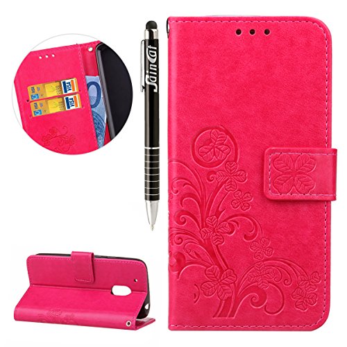 Hülle Handyhülle Case MOTO G4 play,SainCat MOTO G4 play Power Schutzhülle Ledertasche Brieftasche im BookStyle Mit Klee Entwurf,MOTO G4 play Power PU Leder Wallet Case Folio Schutzhülle Hülle Lederhülle Bumper Handytasche Skin Schale Soft Backcover Handy Tasche Flip Cover Buchstil Klapptasche in Lederoptik mit Standfunktion Karteneinschub und Magnetverschluß Etui Flip Case für MOTO G4 play -Klee Heißes Rosa