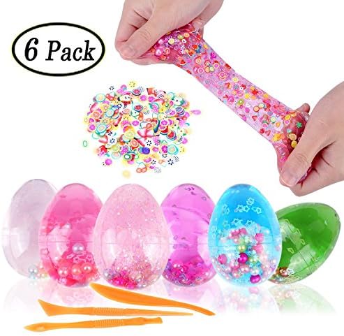 Swallowzy 6 Pack Soft Egg Slime Colorful Fluffy Slime with Pearl Scented Stress Relief Toy Sludge Toys with Slime Tools and Fruit Slice