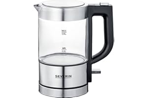‎SEVERIN SEVERIN Mini szklany czajnik, pojemność 0,5 litra, mocny i kompaktowy czajnik o solidnej jakości konstrukcji, z filtrem przeciwkamiennym, stal nierdzewna/szkło hartowane/ czarny, WK 3472