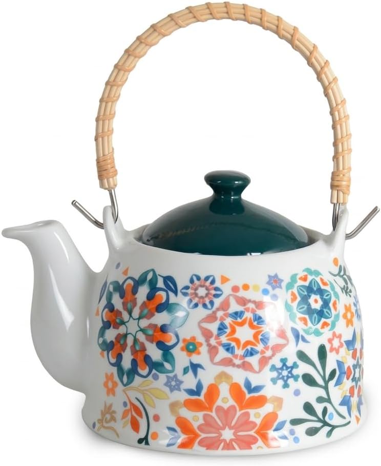 Deconox Porselen Çini Piraye Demlik - Bambu/Hasır Saplı, Ateşe Dayanıklı Nostaljik Bitki Çayı ve Çay Demliği (900 ml - 2 Farklı Desen Seçeneği) (SPRING)