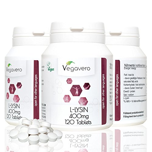 Preisvergleich Produktbild L-Lysin 400 mg / 120 Tabletten / Hochdosiert / aus pflanzlicher Fermentation / mind. 99,5% rein / Kollagen - Muskeln - Energie / 2 Monatsvorrat / VEGAN / Vegavero: from Nature-with Passion-for You!