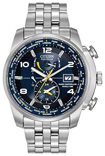 Citizen Watch World Time A.T Men's Quartz Watch with Blue Dial Analogue Display and Silver Stainless Steel Bracelet AT9010-52L