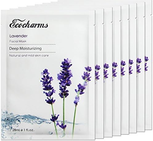 [Ecocharms] 8 Sheets Deep Moisturizing Facial Mask - 100% Hyaluronic Acid &amp; Lavender Oil, Deep Hydration, Anti-Acne, Anti-Wrinkle for All Skin Types(esp.Sensitive Skin)