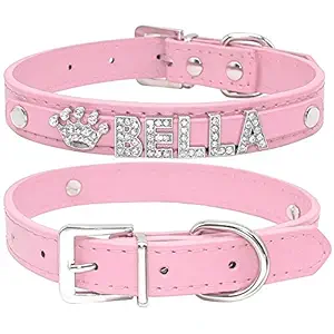 Didog Smooth PU Leather Custom Dog Collars with Rhinestone Personalized Name Letters,Fit Small Medium Dogs,Pink,M Size