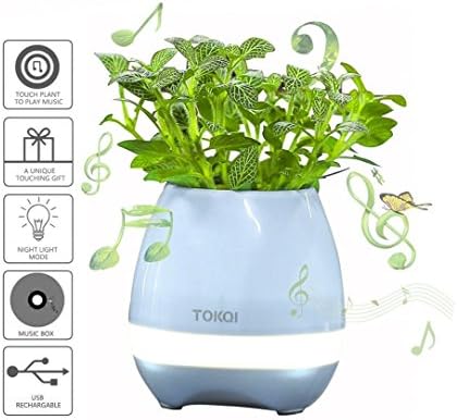 Music Flowerpot, Touch Plant Piano Music Playing Flowerpot Smart Multi-color LED Light Round Plant Pots Bluetooth Wireless Speaker whitout Plants (Blue)