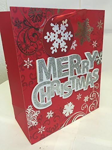 Tulip StudioRed White Silver 'Merry Chrismas' Medium 3D Glitter Gift Bag With Tag Xmas Christmas(XTU-535M)