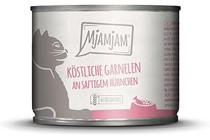 MjAMjAM - Mokra karma premium dla kotów – pyszne krewetki na soczystym kurczaku, opakowanie 6 sztuk (6 x 200 g), bez zbóż, z bardzo dużą ilością mięsa