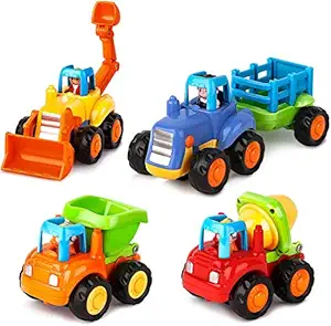 PLUSPOINT Inertia Toy Early Educational Toddler Baby Toy Friction Powered Cars Push and Go Cars Tractor Bulldozer Dumper Cement Mixer Engineering Vehicles Toys for Children Boys Girls Kids Gift 4PCS