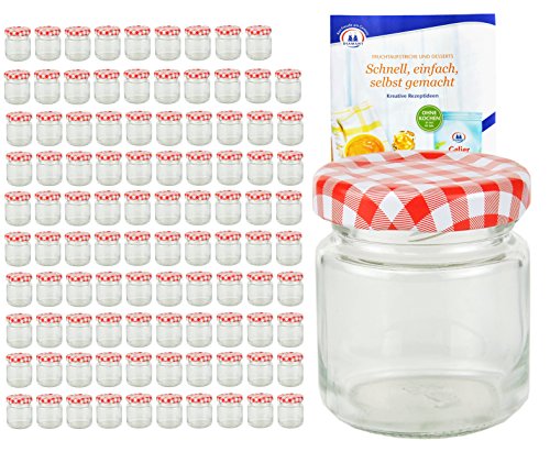 100er Set Rundgläser 53 ml Deckelfarbe rot weiß kariert TO 43 inkl. Diamant Gelierzauber Rezeptheft, Einmachgläser, Einkochgläser, Vorratsgläser, Mini Sturzgläser, Obstgläser, Portionsgläser, Gläser