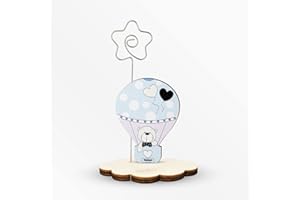 ALBALÙ Bomboniera Portafoto Pupazzo Mongolfiera Orsetto celeste Bambino Nascita e Battesimo con clip metallo Made in Italy da soprammobile Su base Nuvoletta in Legno