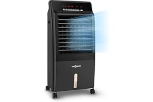 Oneconcept 4-in-1 Air Cooler, Fan, Humidifier, Purifier/Ioniser I w/ 2x Ice Packs, 8L, Remote Control, 9H Timer, 360 m³/h, 65W Room Cooler for Homes & Offices I Portable Air Conditioning Unit, Black
