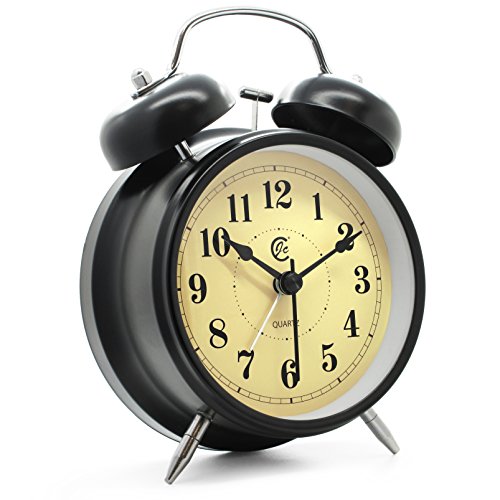 JCC Retro Doppelglocke wecker nicht tickende lautlos Analog Quarz Bedside Tischuhr mit 5 Minuten Snooze wiederholen Alarmfunktion, Nachtlicht und Loud Alarm – batteriebetrieben (schwarz) - 2