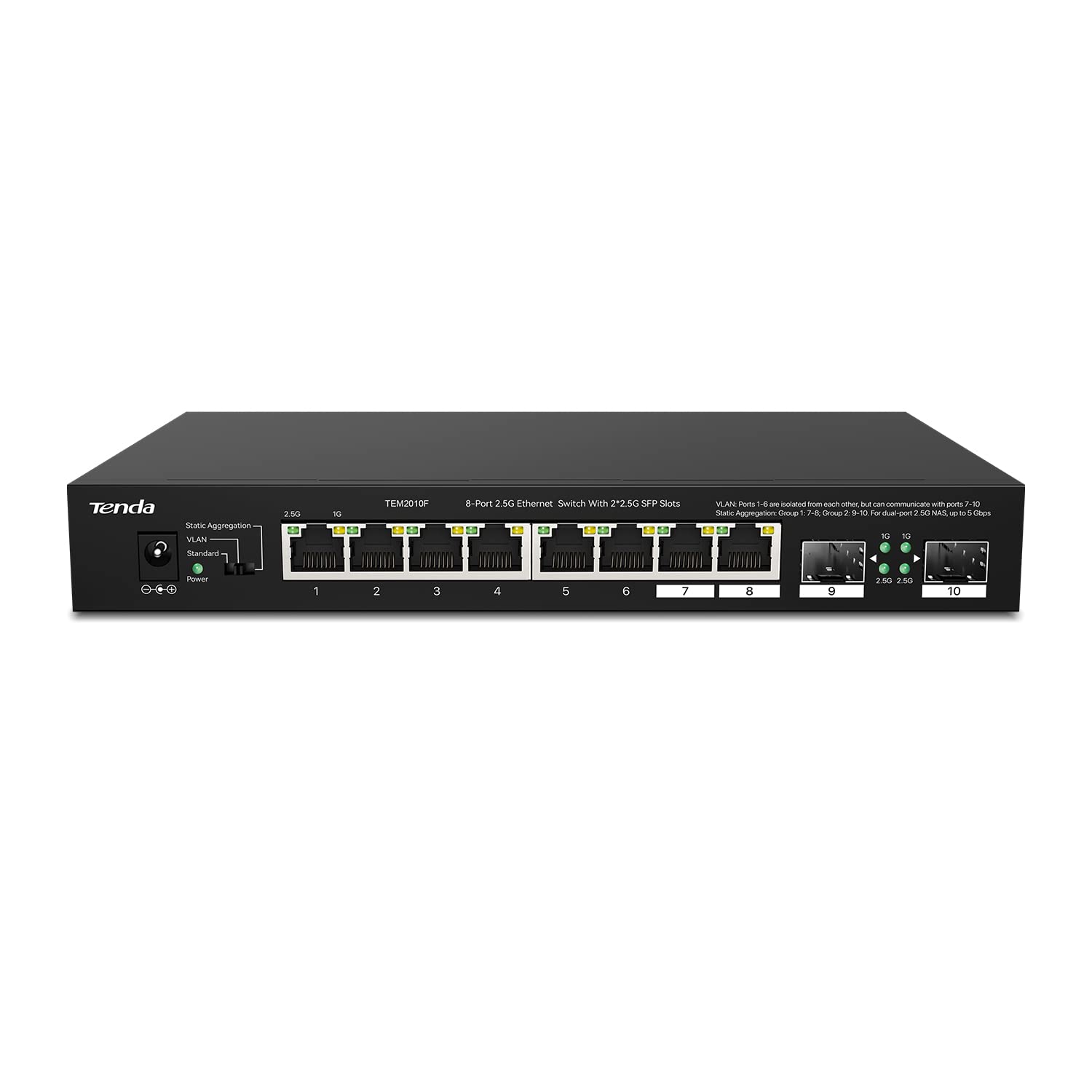 Tenda TEM2010F Switch Ethernet de 10 Puertos 2.5G, 2 Puertos SFP, VLAN, Agregación Estática, Compatible con Dispositivos 2.5G, Montaje en Escritorio/Pared, Plug y Play, Carcasa de Metal, Negro