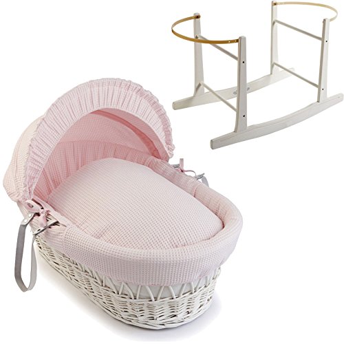 White Wicker Pink Waffle Moses Basket With White Rocking Stand