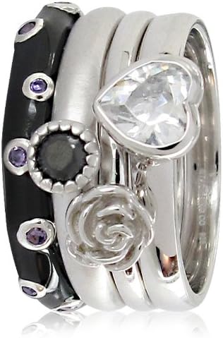 Stack Ring Co, Sterling Silver,Orbital Love, Rhodium Plated,Silver Flower,Black Enamel Band and White Cubic Zirconia Heart, Four Band Prima Stack Ring - Size J