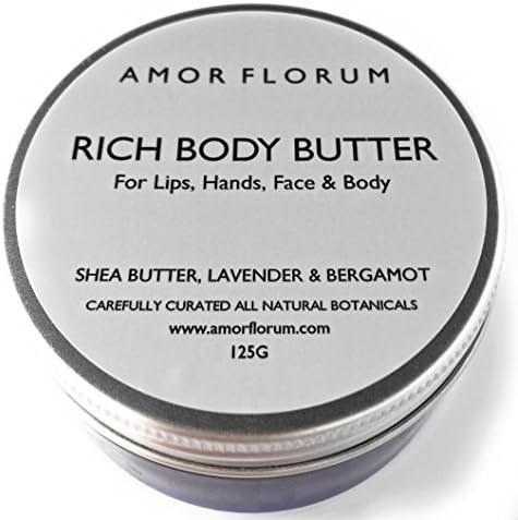 RICH BODY BUTTER - Shea Butter, Coconut Oil, with LAVENDER &amp; BERGAMOT - 125g - by AMOR FLORUM - 100% Pure, Vegan, With No Chemicals, Organic, of the Highest Quality. Made with the highest quality clean and natural botanicals. A super rich and nourishing all over butter with Lavender &amp; Bergamot. For LIPS, FACE, HANDS and BODY.
