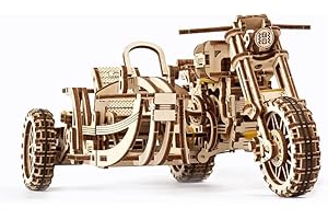 UGEARS Moto avec Sidecar Puzzles 3D - Cadeau de la Fête des Pères UGR-10 Moto Scrambler Kits de Modèles en Bois pour Adultes - Kit de Modèle de Moto Sidecar Design Rétro avec Moteur