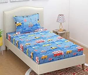 Precsie Fabrics Elastic Fitted Glace Cotton Single Bed (72x48x Upto 6 Inches) Bedsheet for Kids with 1 Pillow Covers-180TC (Blue)