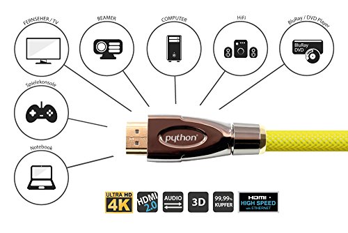 Python Series AKTIVES High-Speed-HDMI Anschlusskabel mit Ethernet – Redmere Chipsatz – 4K2K / UHD / Ultra HD / Full HD – OFC, 3D-Unterstützung, Nylongeflecht, Dreifachschirmung, gelb, 15 m - 3