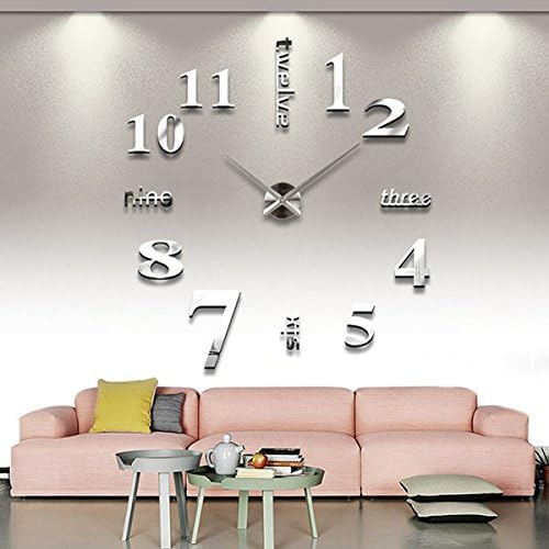 Modern 3D Frameless Large Silver Wall Clock Style Watches Hours DIY Room Home Decorations Model MAX3 #6 Arabic Numeral English Words