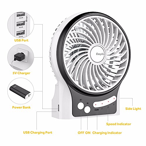 EasyAcc Mini Desktop USB Ventilator Personal Fan mit 2600 mAh aufladbarer LG Akku Zelle LED-Licht Beweglicher 3 einstellbare Geschwindigkeiten für Indoor und Outdoor Aktivitäten – Weiß - 4