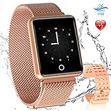 ⌚【Moda de Diseño】Hecho con HD pantalla a color de 1.3 pulgada, puede cambiar al interfaz de reloj según tu favorito y ajuste brillo. Viene con correa deportiva de silicona + correa metal comercial para adcuado vario situación. Adecuado para circunferencia de muñeca 22cm y inferior.