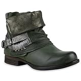  Damen Stiefeletten Biker Boots Schnallen Nieten Knöchelhohe Stiefel Leder-Optik Schuhe 128471 Dunkelgrün Silber 37 Flandell